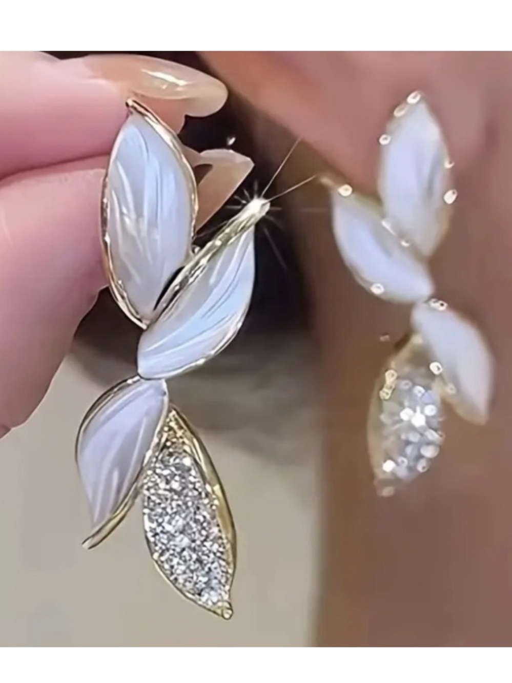 Diamond White Leaf Gold Toned Stud Earrings